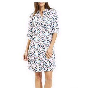 Roller Rabbit Dress Large Colorful Mouffa Linen Roll Tab Sleeves Beachy Party